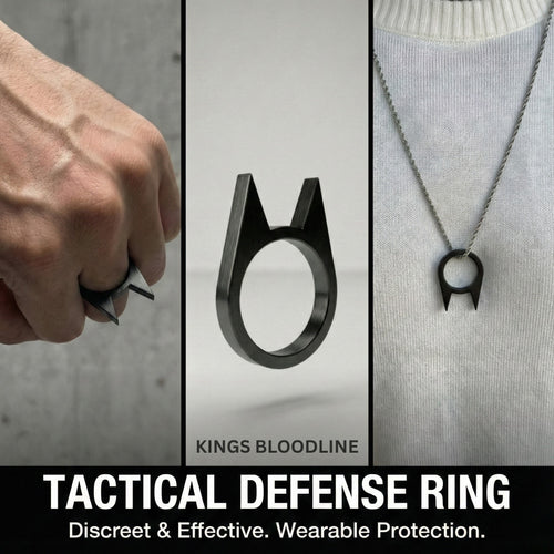 Tactical defense Batman ring with close-up of hand, product, and Chain on a gray background.