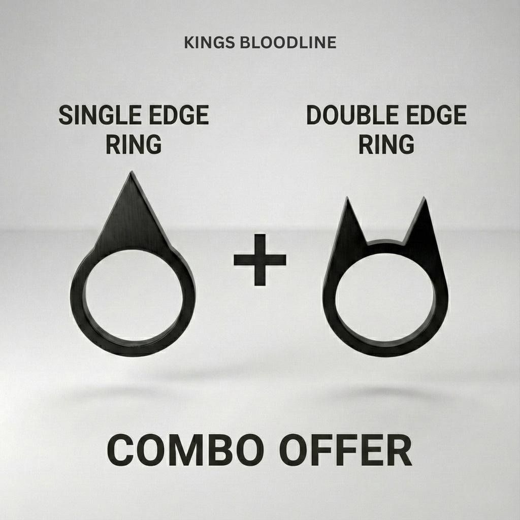 Two Batman self defence rings labeled 'Single Edge Ring' and 'Double Edge Ring'on a gray background.