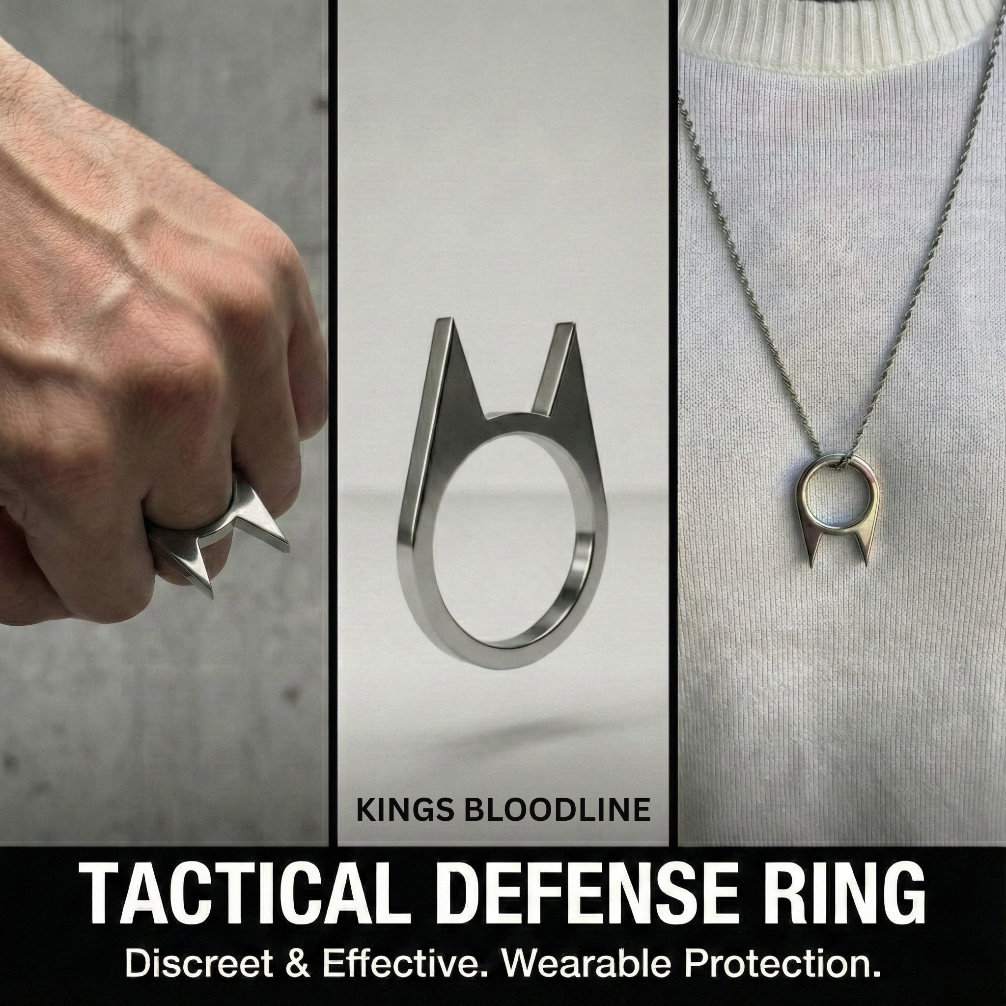 Tactical defense ring batman theme with a hand holding it, close-up of the ring, and the ring on a necklace.