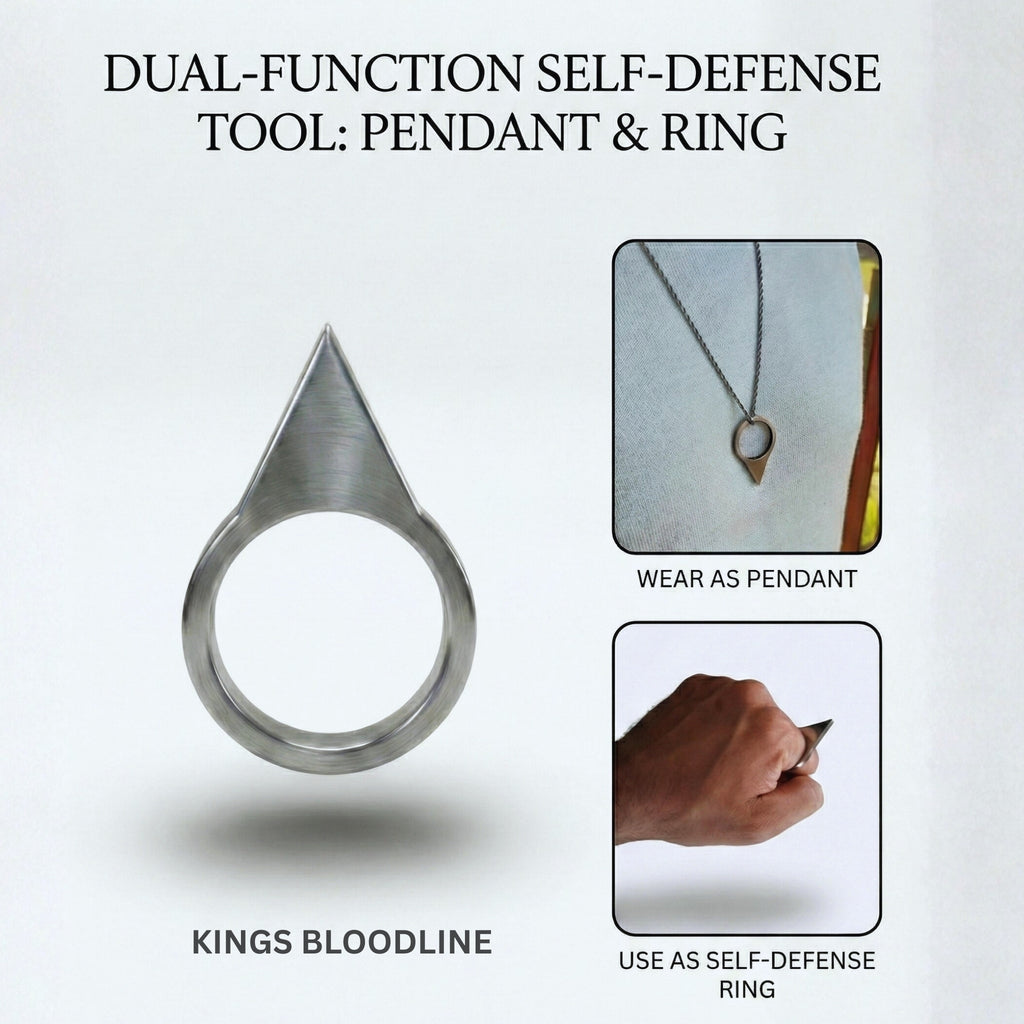 Dual-function batman self-defense tool with pendant and ring features on a white background