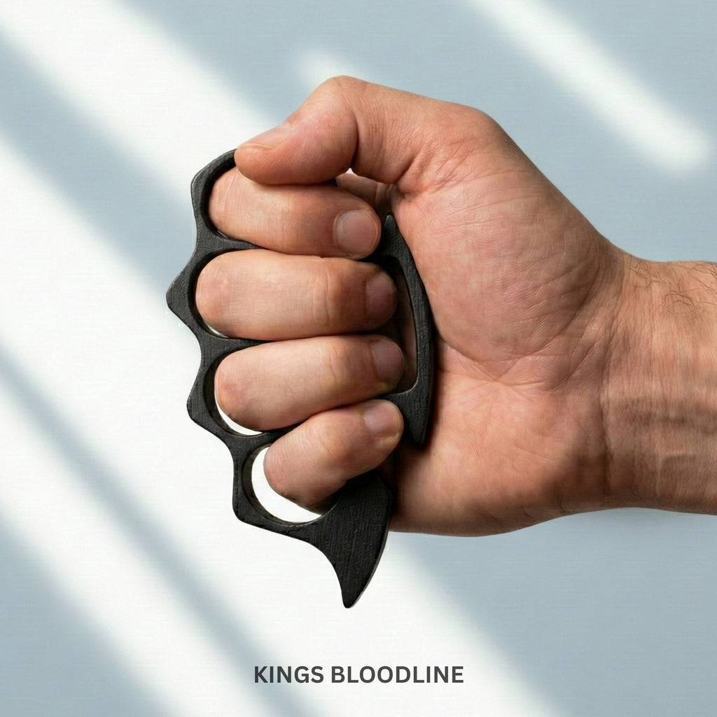 Black metal knuckle on hands side view