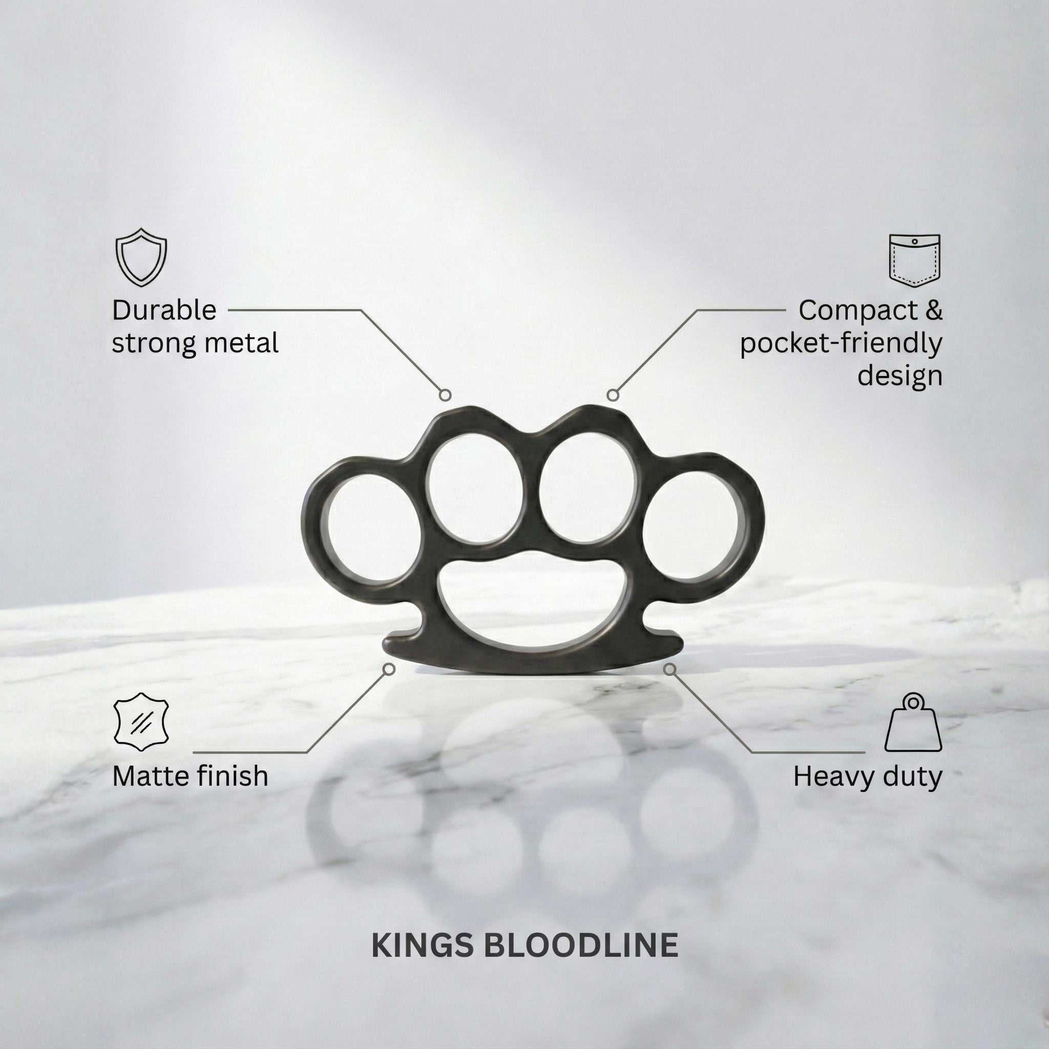 Black knuckle duster with features listed on a gray background