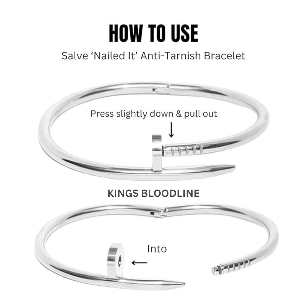 Silver nail bracelet with white background how to use