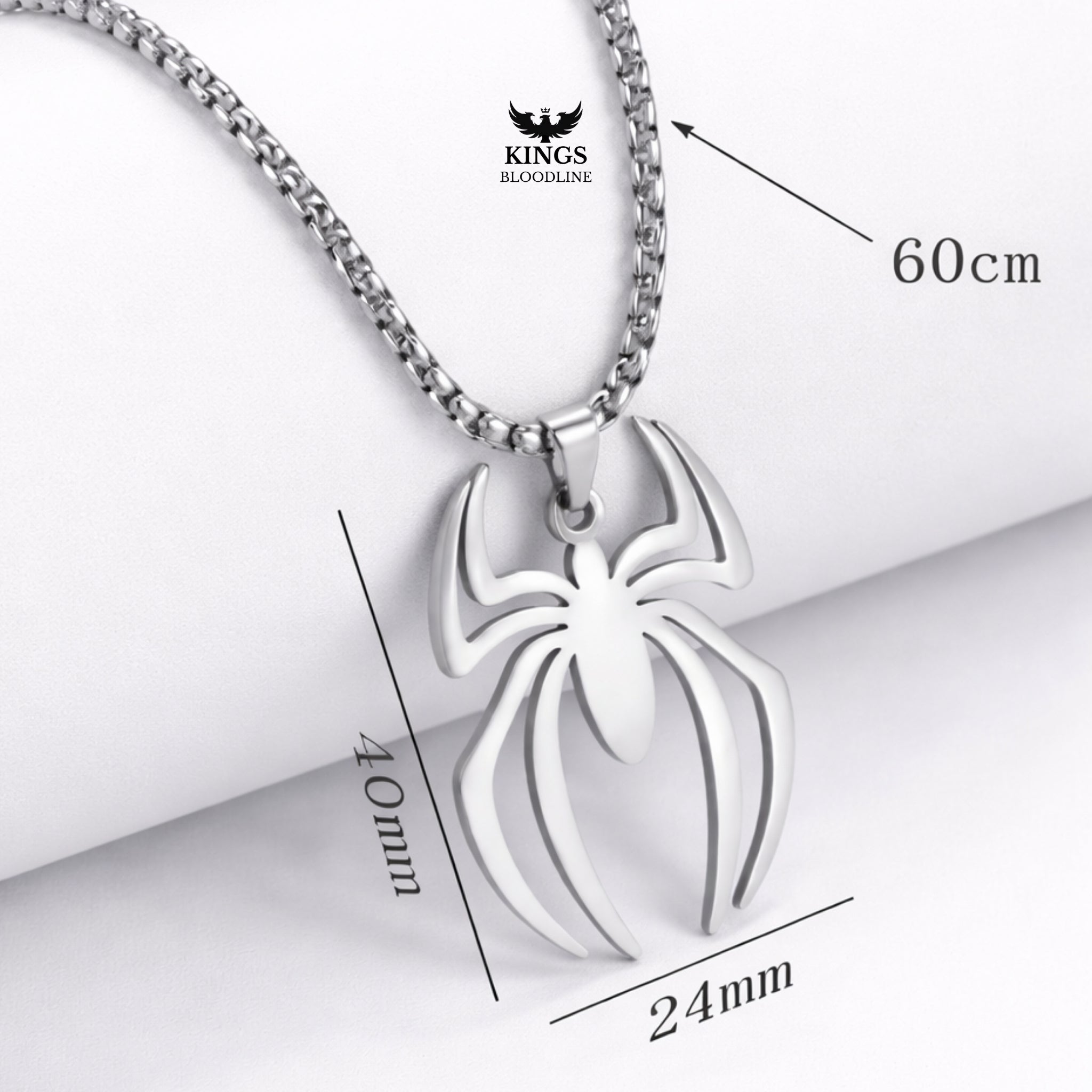 Spider-shaped pendant necklace with chain, dimensions shown, on a white background