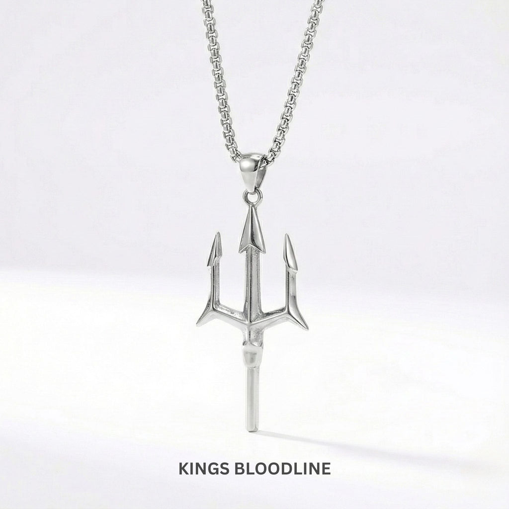 Silver trident pendant necklace on a white background with 'Kings Bloodline' branding.